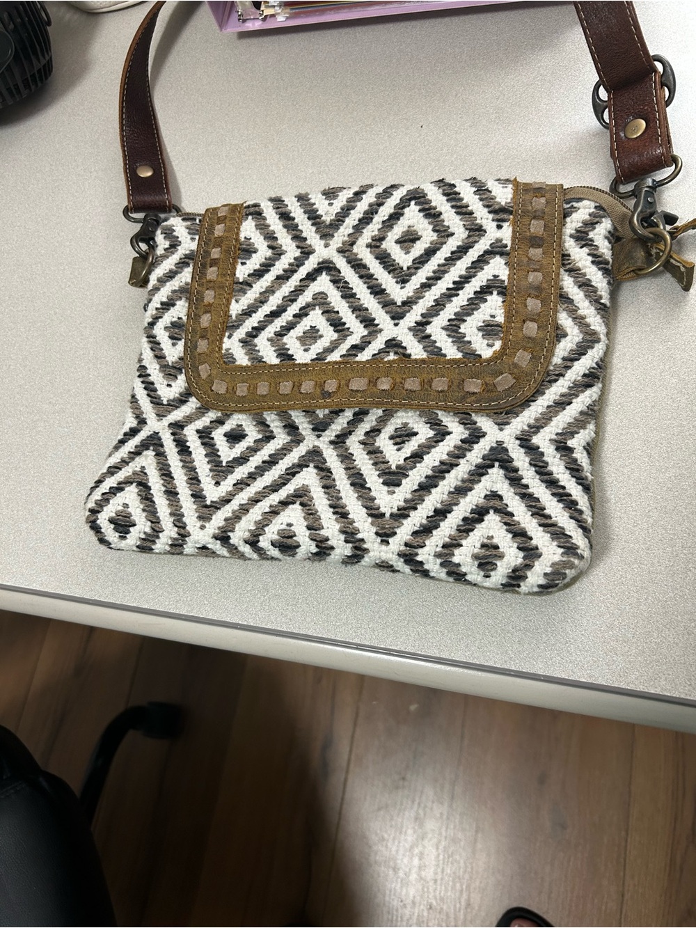 Handwoven Geometric Crossbody Bag in Black & White with Brown Trim